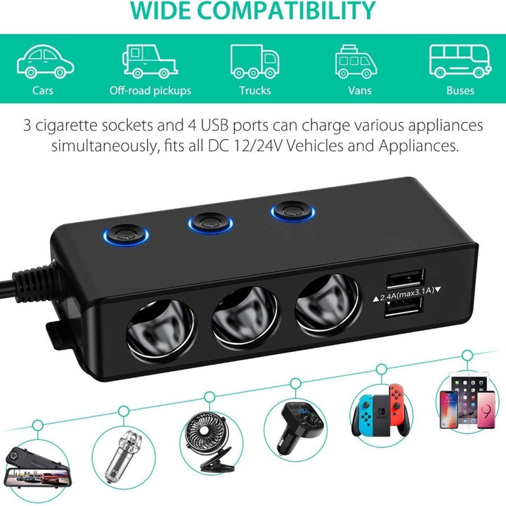 The Three-port Car Cigarette Lighter Adapter Expands One Socket To Three. It Provides A Steady Current To The Power Supply, Is Easy To Install, And Is Ideal For Worry-free Power Use During Travel.