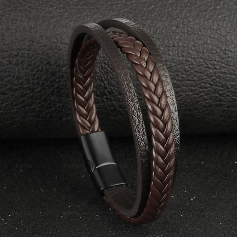 Vintage Leather Rope Braided Bracelet Ethnic Style Magnetic Snap Men's Bracelet