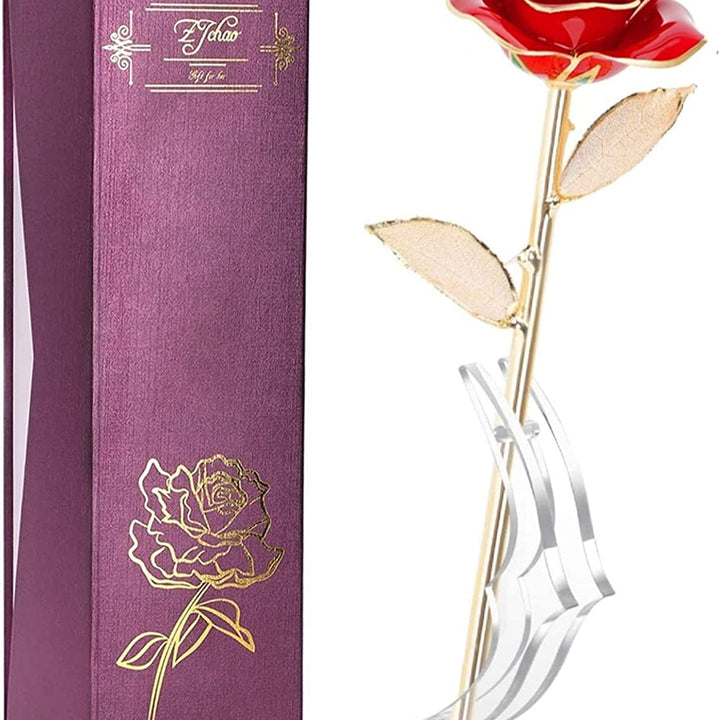 24K Red Rose Gold Leaf Christmas Her, Eternal Preserved Long Stem Rose with Golden Leaf, Valentine'S Day, Wedding Anniversary, Birthday, Graduation, Mother'S Day (Red Gold