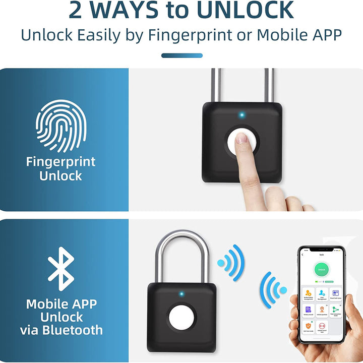 Fingerprint Padlock , Locker Lock, Smart Padlock, Bluetooth or Fingerprint Unlock, Weatherproof Outdoor Lock, for Gym, Bike, School, Fence and Storage, Padlock USB Rechargeable (Black)