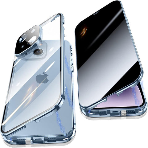 Anti Peeping Case for Iphone 14 (6.1"), 360 Degree Front and Back Privacy Tempered Glass Cover, anti SPY Screen, anti Peep Magnetic Adsorption Metal Bumper for Iphone 14 (Blue)