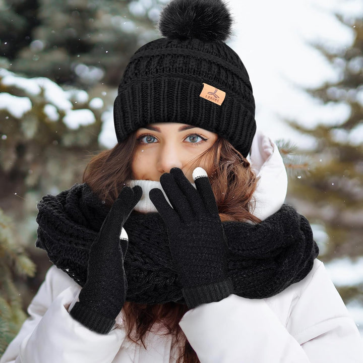 Winter Hat Scarf Gloves and Ear Warmer, Warm Knit Beanie Hat Touch Screen Gloves Set Winter Gifts Neck Scarves for Women