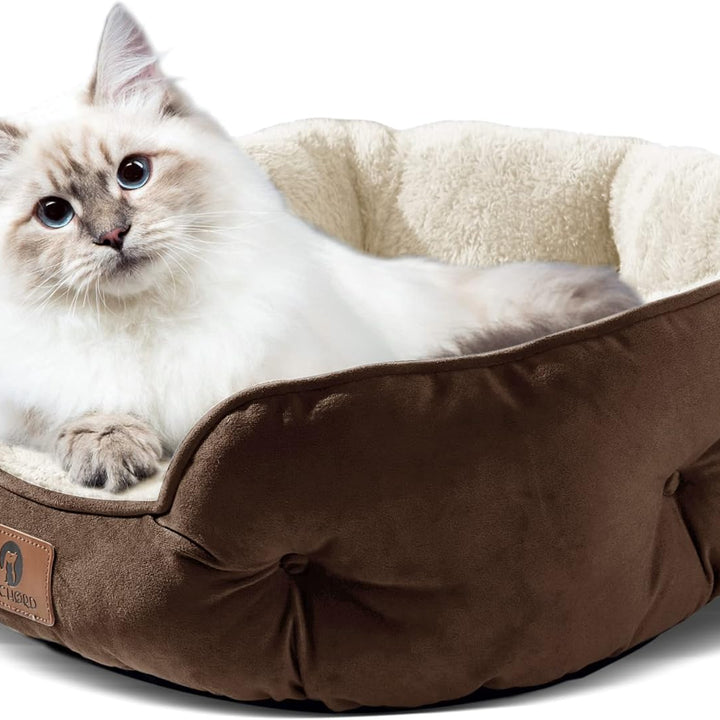 Professional title: "Premium Small Pet Bed for Dogs and Cats - Extra Soft, Machine Washable, Anti-Slip, Water-Resistant Oxford Bottom - Ideal for Puppies and Kittens - Brown, 20 Inches"